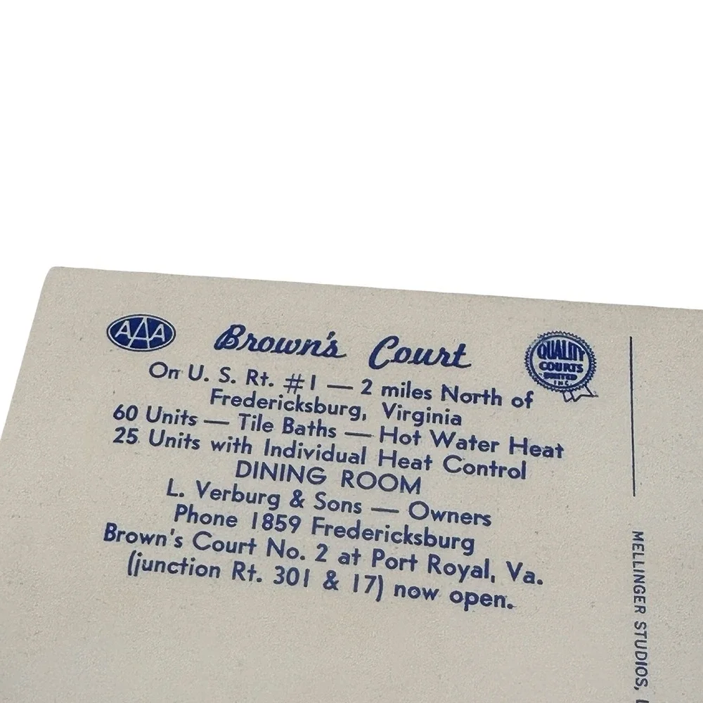 Brown's Court Fredericksburg‎ Virginia Vintage Linen Postcard Unused 1950s